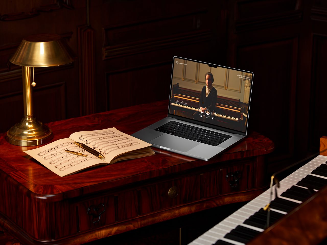 Zoom piano lesson setup with sheet music and warm lamplight